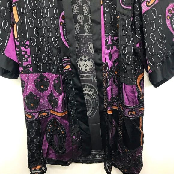 DEX Black Purple Paisley Pattern Semi Sheer Kimono Duster Tunic Cardigan - Picture 4 of 16